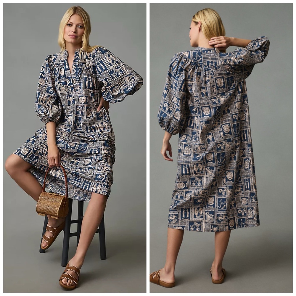 Anthropologie Navy and Cream Printed Midi Dress